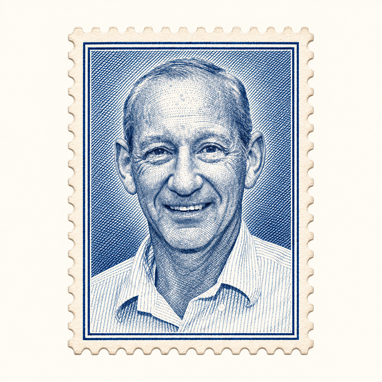 Blue engraved portrait stamp of Donald Kalish
