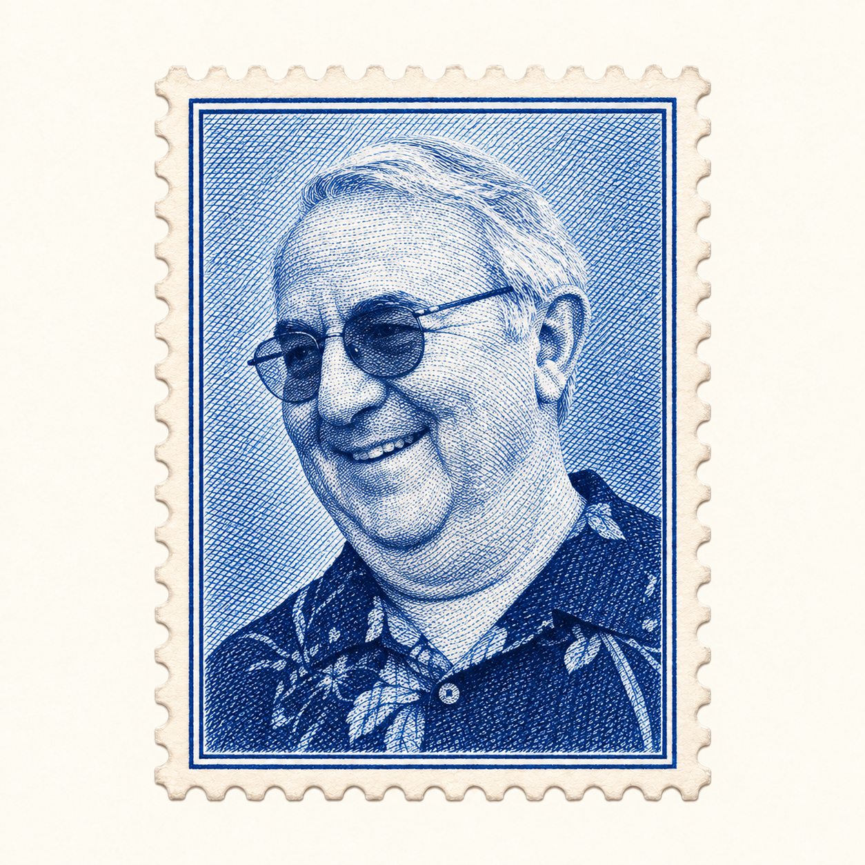 Blue engraved portrait stamp of David Kaplan