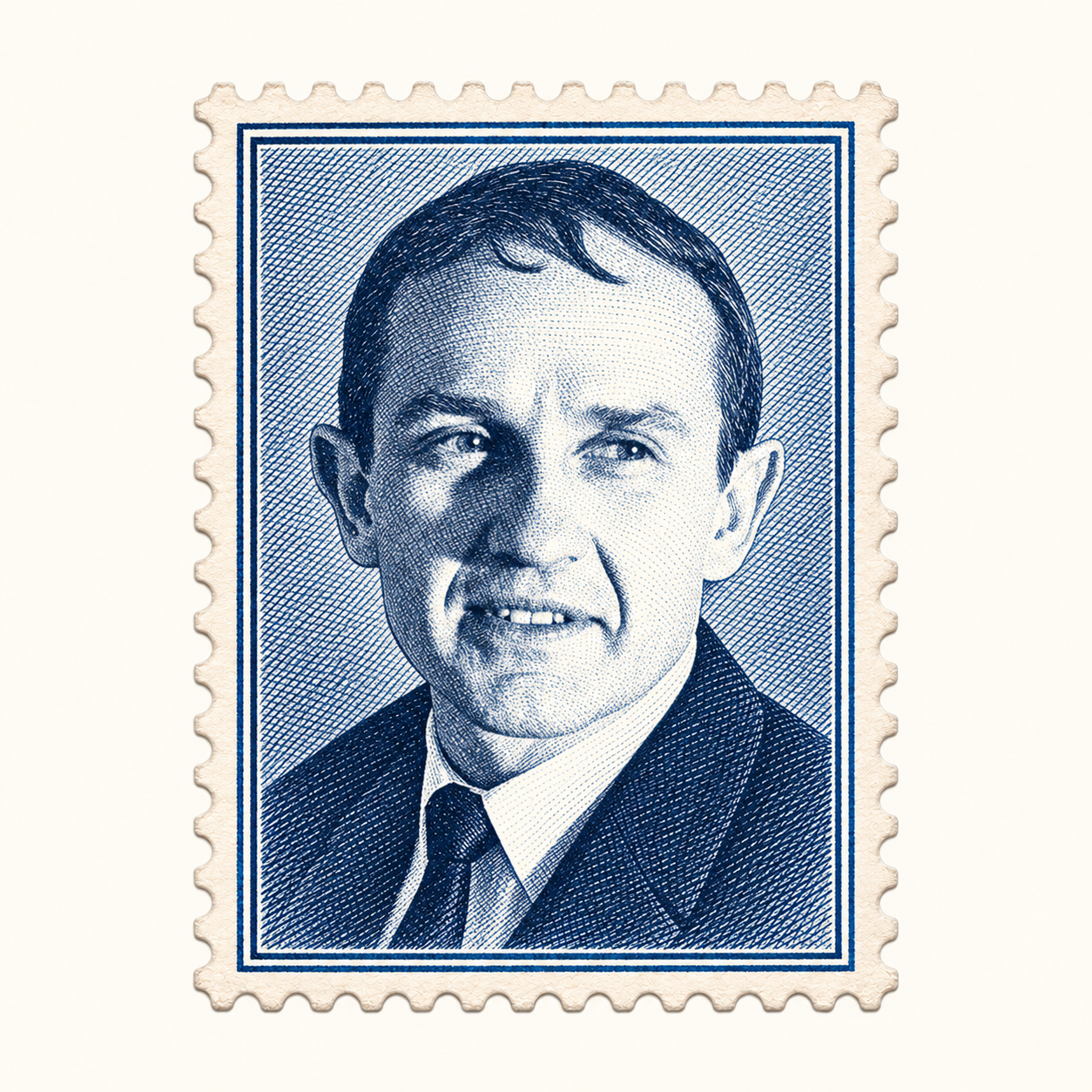 Blue engraved portrait stamp of Richard Montague